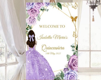 Quinceañera Welcome Sign, Purple and Gold Rose, Butterfly Guest Poster (Printable Instant Download)