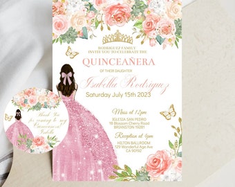 Blush Pink Rose Quinceañera Invitation, DIY Editable Template, Princess Dress Mis XV Quince Años, Gold Butterfly Sweet 16 Instant Download