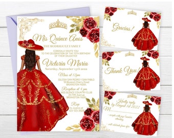 Ensemble Quinceañera Invitation rouge Charro, modèle modifiable robe de princesse florale or rouge, Mis coing Anos numérique inviter XV téléchargement espagnol