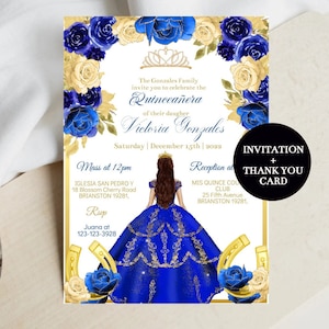 Editable Invitation Quinceañera  Royal Blue Gold Charro,  Mis XV Quince Años  Digital Template, Floral Princess, Sweet 16 Printable Download