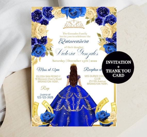 Editable Invitation Quinceañera Royal Blue Gold Charro, Mis XV