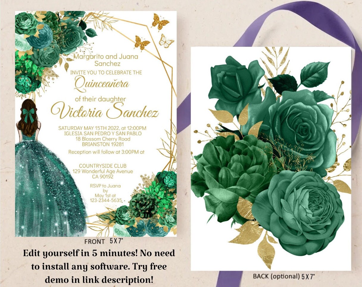 Quinceanera Invitation Green Gold Birthday Party Emerald Etsy