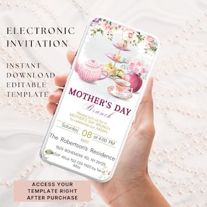 Zaproszenie elektroniczne na brunch na dzień matki, edytowalny szablon, cyfrowe zaproszenie na przyjęcie herbaciane, akwarelowe kwiaty, zaproszenie dla mamy, wiadomość tekstowa na telefon, zrób to sam
