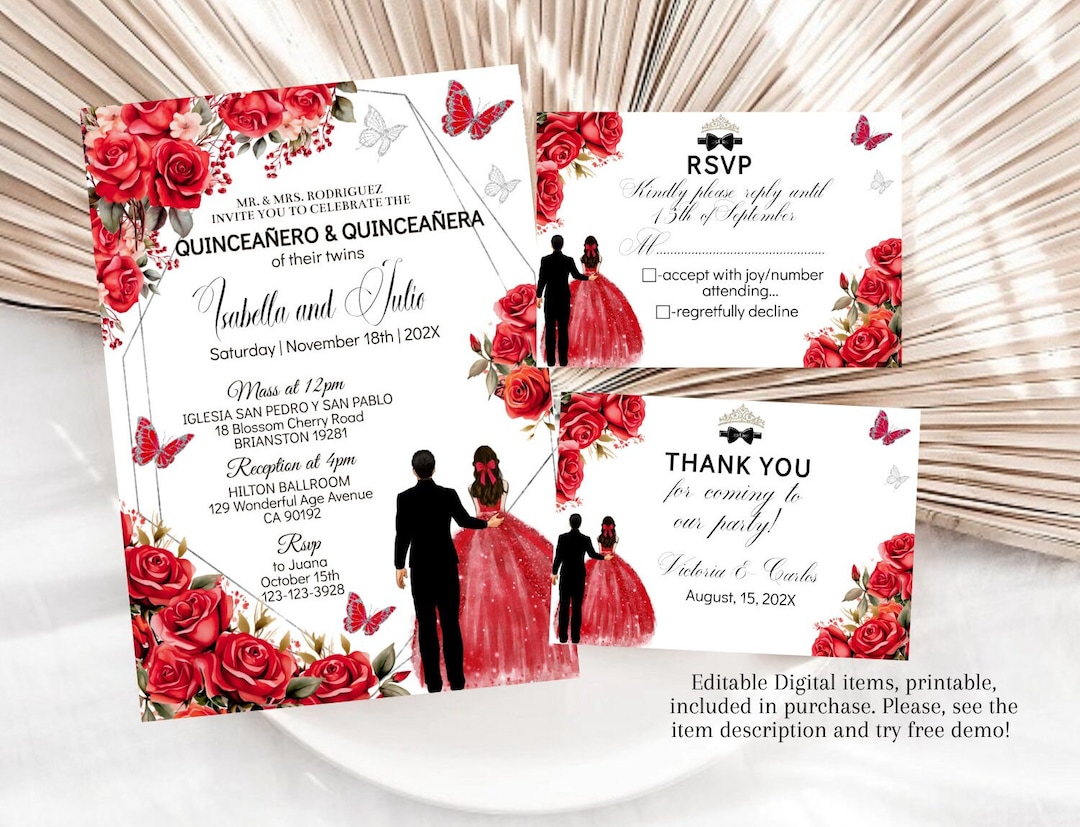 Invitación de Quinceañera de gemelos, niño y niña, Plantilla editable,  Rosas rojas negras, Tarjeta de cumpleaños de 15 años, Invitación de  cumpleaños ..., image size:1080x827