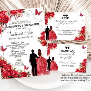 Invitación de Quinceañera de gemelos, niño y niña, Plantilla editable, Rosas rojas negras, Tarjeta de cumpleaños de 15 años, Invitación de cumpleaños digital, Mis XV, Dulces 16, Descargar