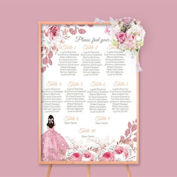 DIY EDITABLE Seating Chart Quinceañera, Mis XV Quince Table Plan Princess Pink Rose Floral, Find your seat Sign Printable Instant Download