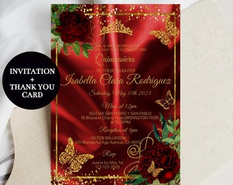 May include: Red and gold quinceañera invitation with a red satin background, gold glitter, butterflies, and floral accents. The text reads "MR. & MRS. RODRIGUEZ INVITE YOU TO CELEBRATE THE QUINCEAÑERA OF THEIR DAUGHTER ISABELLA CLARA RODRIGUEZ Saturday, May 15th 2023 Mass at 12pm IGLESIA SAN PEDRO Y SAN PABLO 18 Blossom Cherry Road, BRIANSTON 19281, at 12:00PM Reception at 4pm HILTON BALLROOM 129 Wonderful Age Avenue, CA 90197 RSVP Juana by May 1st 123-123-3928"