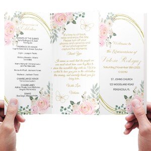 Editierbare Tri-Fold-ProgrammVorlage Quinceañera Einladung Blush Rosa Floral Schmetterlinge Order of Events Sweet 16 Bar Menü Mis XV Años Download
