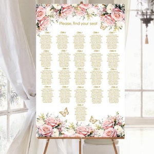 Gráfico de asientos editable Quinceañera, Dulce 16, Rosa floral rosa rubor, Plantilla de póster para invitados Butterfly Mis XV, Encuentre su asiento 21 letreros de mesas