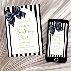 Modèle d'Invitation de fête d'anniversaire chic à rayures françaises avec noeud noir, femme modifiable d'invitation, ruban Coquette de tout âge 30e 40e 50e, numérique
