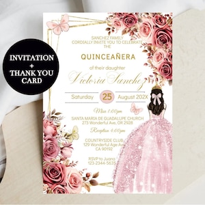 Quinceañera Invitation Rose Gold Flowers, Printable Editable Template, 15 Birthday Pink Digital Invite Butterfly, Sweet Sixteen 16, Download