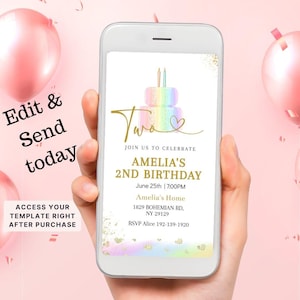 Invitación para segundo cumpleaños de niña, invitación para fiesta infantil con arcoíris pastel, mensaje de texto digital para móvil de Evite, plantilla editable, descarga