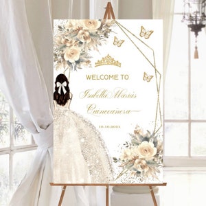 Quinceañera Welcome Sign, Princess Champagne Beige Floral, Butterfly Mis XV Quince Guest Poster Plantilla Editable Imprimible Descarga Instantánea