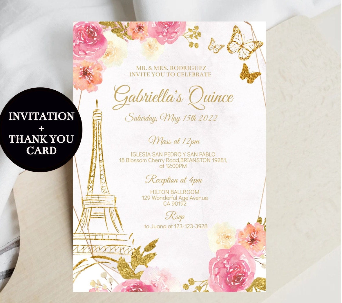 Invitación de quinceañera con diseño floral en oro rosa de la Torre Eiffel  de París (Plantilla digital editable) - Etsy México, image size:1179x1043