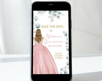 Pink Quinceañera Save the Date Tet Message Invite, Editable Template (Digital Download)