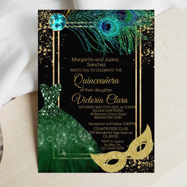 Quinceanera Invitation, Green Black Gold Masquerade Ball Party, DIY Editable Template, Digital Mis XV Quince Birthday Invite 15th Download