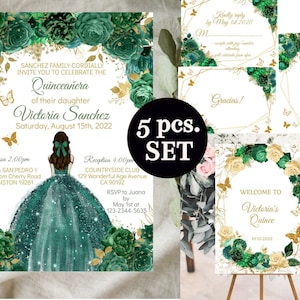 Bundle Quinceañera  Invitation Editable Template, Emerald Green Gold Floral Butterfly, Mis Quince Años, Sweet 16, XV Anos Digital Download