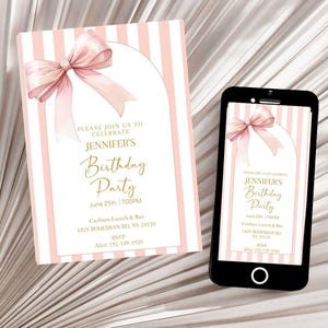 Chic Französisch Rosa Schleife Geburtstagseinladung Vorlage, Bearbeitbar Einladen Frau, Jedes Alter, Kokette Band 30er Jahre Party, 40er Jahre 21., Digital Printable
