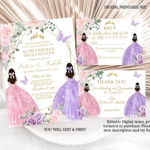 Roze paarse quinceañera tweeling uitnodigingsset, Sweet 16 Sixteen bewerkbare sjabloon, dubbele uitnodiging bloemenroos, vlinder digitale kaart Mis XV