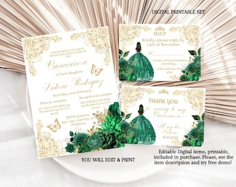 Green Gold Quinceañera Invitation Emerald Flowers, Editable Template, 15 Princess Birthday, Digital Card, Crown, Sweet Sixteen 16, Download