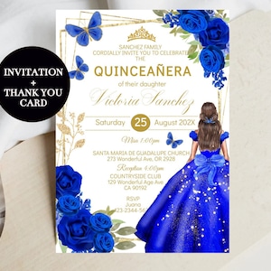Convite Quinceañera Azul Royal Ouro Floral DIY Modelo Editável Mis XV Quince Princess 15 Cartão Tiara, Borboleta Convite Doce 16 Baixar