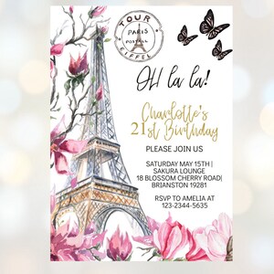 Pu&ograve; includere: Un invito in stile acquerello con la Torre Eiffel, fiori di magnolia rosa e farfalle. Il testo recita "Oh la la! 21&deg; compleanno di Charlotte." Include i dettagli dell'evento e le informazioni RSVP. Il design ha un tema vintage parigino.