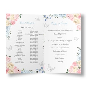 Quinceañera Programma Bi piegato, Blu Rosa Floreale Argento Farfalla Stampabile MODELLO MODIFICABILE, Padrinos Damas Ordine degli eventi Mis XV Compleanno