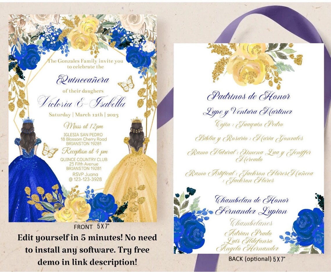 Twins Quinceañera Invitation Royal Blue Gold Floral Mis XV Etsy