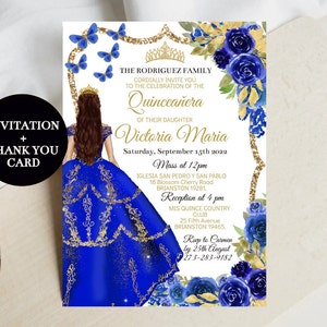 Quinceanera Invitations, Silver and Blue Glitter Quinceanera Invitations,  Sapphire Blue Quinceanera Invitation, Printable Quince Invitations 