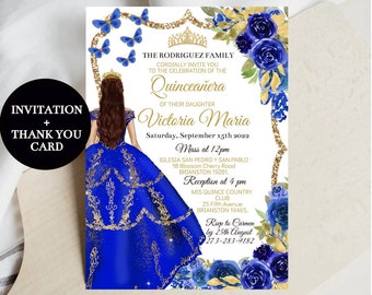 Quinceañera Invitation Royal Blue Gold Charro Princess Butterfly, Editable Template Mis Quince Años , Sweet Sixteen Digital Invite, Download