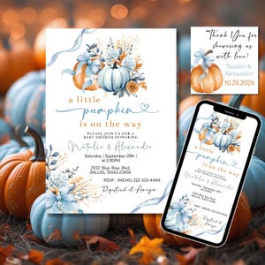 May include: Baby shower invitations with a pumpkin theme. The main invitation features a blue and orange pumpkin design with the text "a little pumpkin is on the way." A matching card and a phone display the same design.