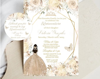 May include: A white and gold invitation with floral accents for a Quinceañera celebration. The invitation features a gold geometric frame, a crown, and butterflies. The text reads "The Gonzales Family invite you to celebrate the Quinceañera of their daughter Victoria Gonzales Saturday | March 12th | 2023 Mass at 12pm IGLESIA SAN PEDRO 18 Blossom Cherry Road BRIANSTON 19281 Reception at 4 pm QUINCE COUNTRY CLUB 25 Fifth Avenue BRIANSTON 19281 RSVP Juana @ 123-123-3928"