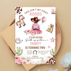 Deuxième fille d'invitation d'anniversaire de rodéo, modèle modifiable bricolage, invitation de fête de cow-girl, 2e carte numérique pour le Far West, Western, imprimable, téléchargement