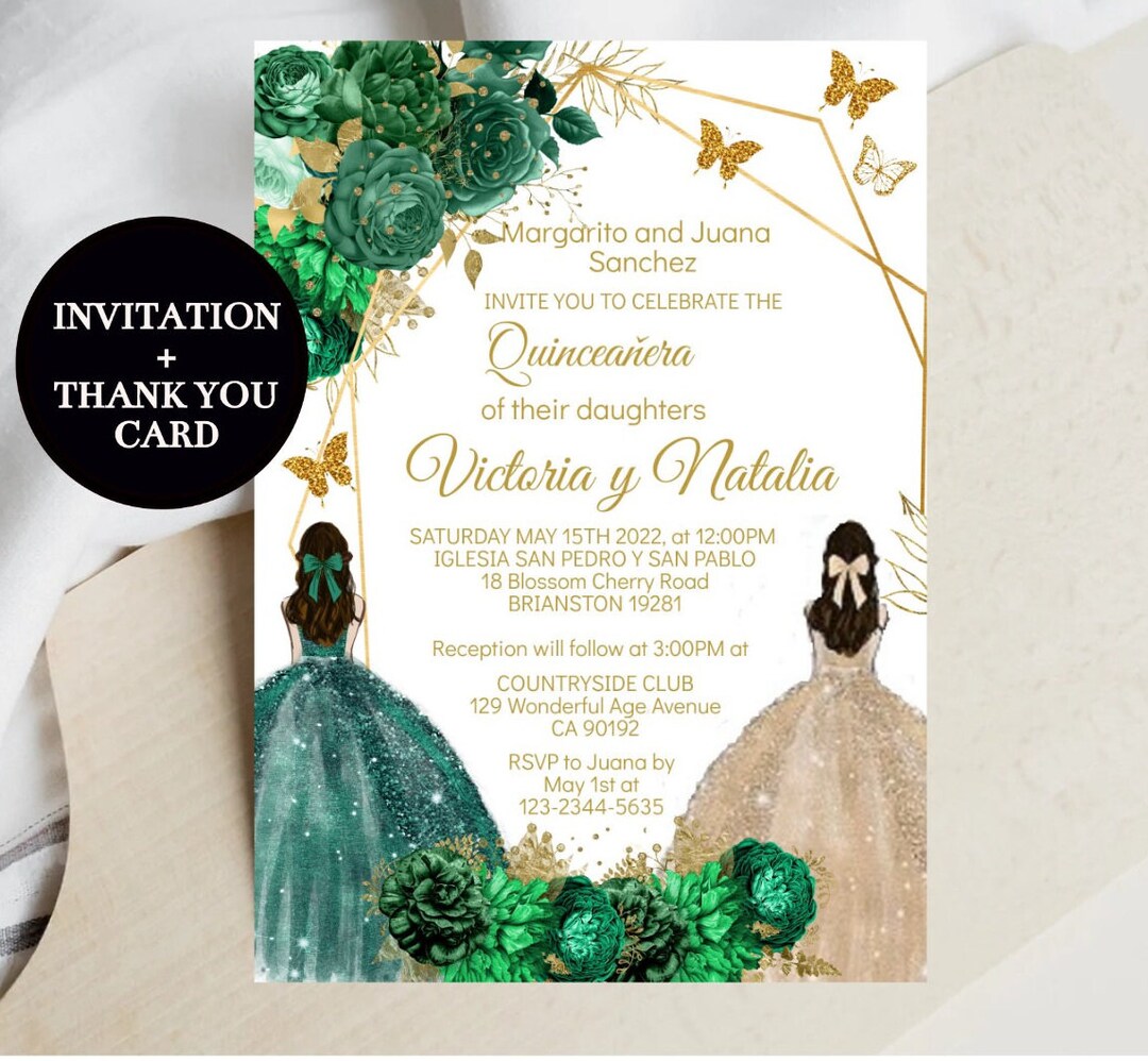 Twins Quinceañera Invitation, Editable Template, Emerald Green Beige