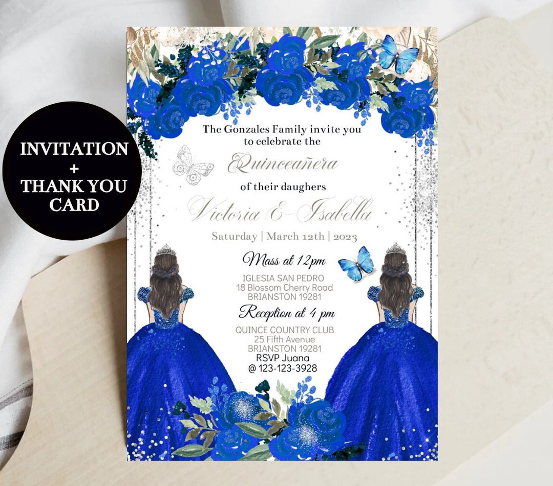 Twins Quinceañera Invitation, Royal Blue Silver Floral, Mis XV Quince