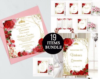 Set Red Floral Charro Quinceañera Invitation Tiara Editable Template Mis XV Quince Años Sweet 16 Sixteen 15th Girl Birthday Digital Download