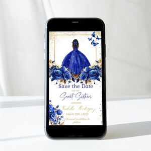 Royal Blue Electronic Save the Date Sweet 16, Quinceaño DIY bearbeitbare Vorlage, Textnachricht Handy, digitales Evite Mis XV, Download