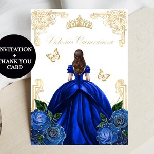 Invito Quinceañera Royal Blue Gold, modello modificabile fai da te Mis XV, 15th Quince Party, Sweet 16 Princess, Butterfly, Download stampabile
