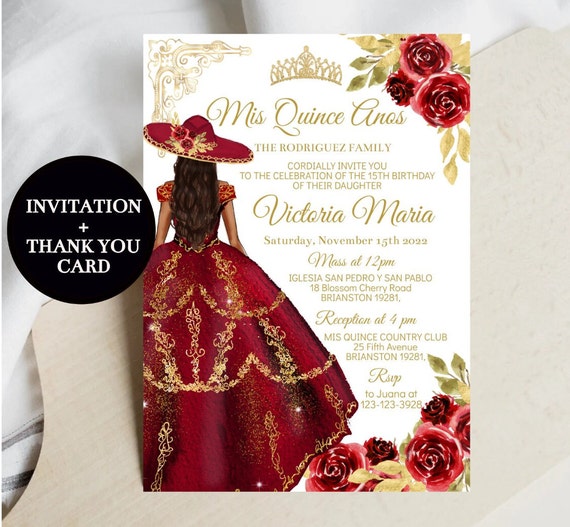 Quinceaera Invitation Red Charro Floral Princess Dress, Editable Template  Mis Quince Aos Digital Invite, Burgundy Gold Sweet 16 Download - Etsy