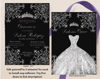 May include: A black and silver Quinceañera invitation with a silver crown and floral design. The front of the invitation features the text "Quinceañera" and "Victoria Rodriguez". The back of the invitation features a silver gown with a crown.