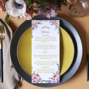 Menú de quinceañera, plantilla editable, flores moradas y rosas, orden de eventos para quinceañeras, menú de bar digital para quinceañeras, tiara de corona para mis XV años, descarga