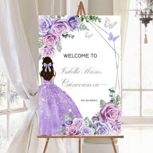 Cartel de bienvenida de Quinceañera, princesa púrpura plata rosa, cartel de invitado de mariposa Mis Quince Años, plantilla editable, descarga instantánea imprimible