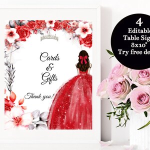 DIY Editable 4 Table Signs Quinceañera Red Silver Floral ,Sweet 16 Birthday, Guest Sign Mis XV Quince Digital Centerpiece, Instant Download