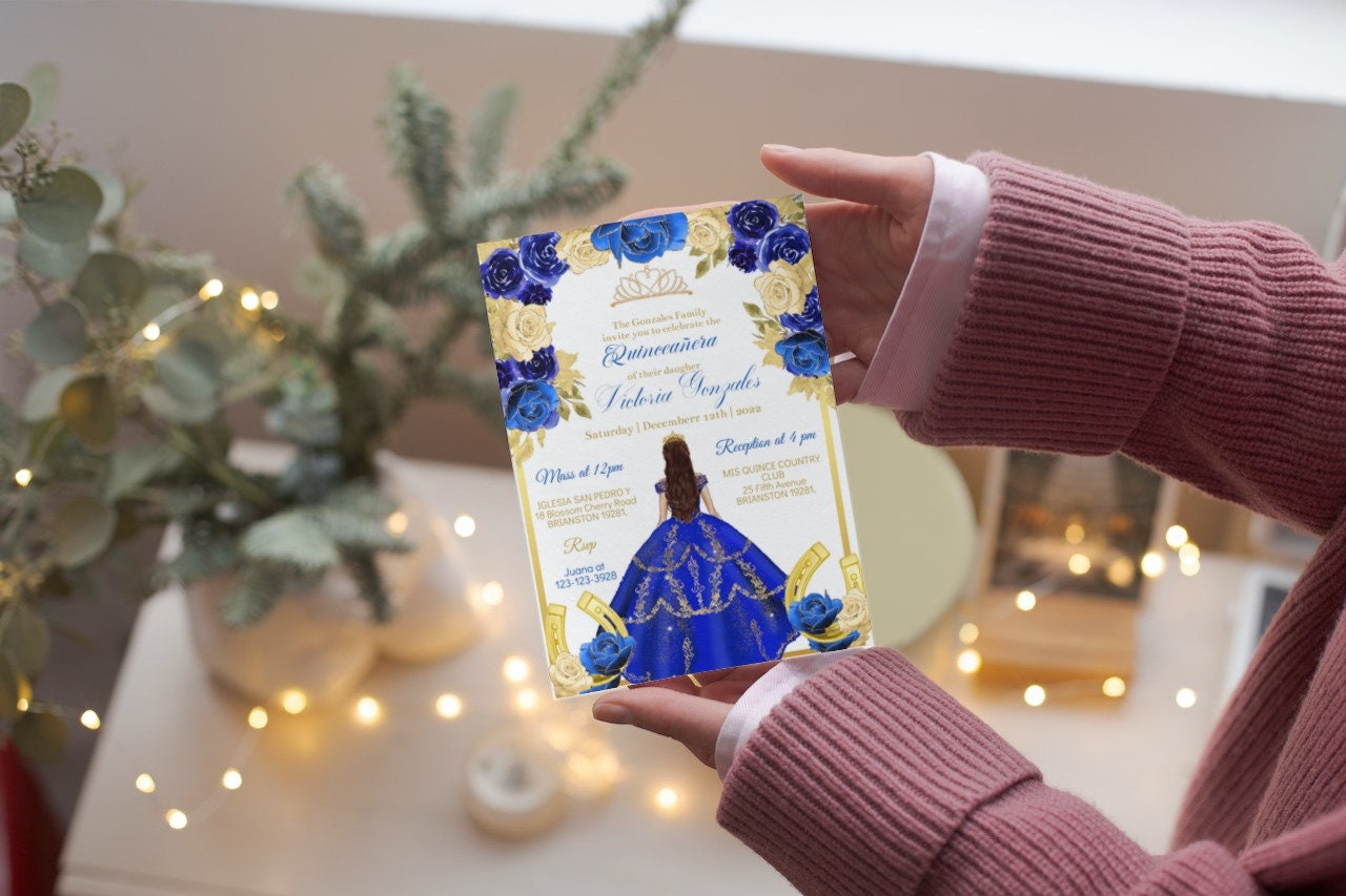 Editable Invitation Quinceañera Royal Blue Gold Charro, Mis XV