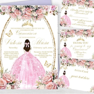 Quinceañera Invitation Blush Pink Floral Roses, Editable Template Butterfly, Crown Invite, Mis XV Quince, Sweet Sixteen 16, Instant Download