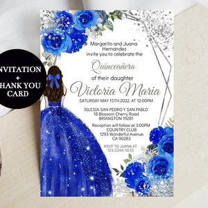 Invitación de Quinceañera Editable Royal Blue Silver, DIY Template Edit, Princess Dress, XV Mis Quince Años Invite Digital, Instant Download