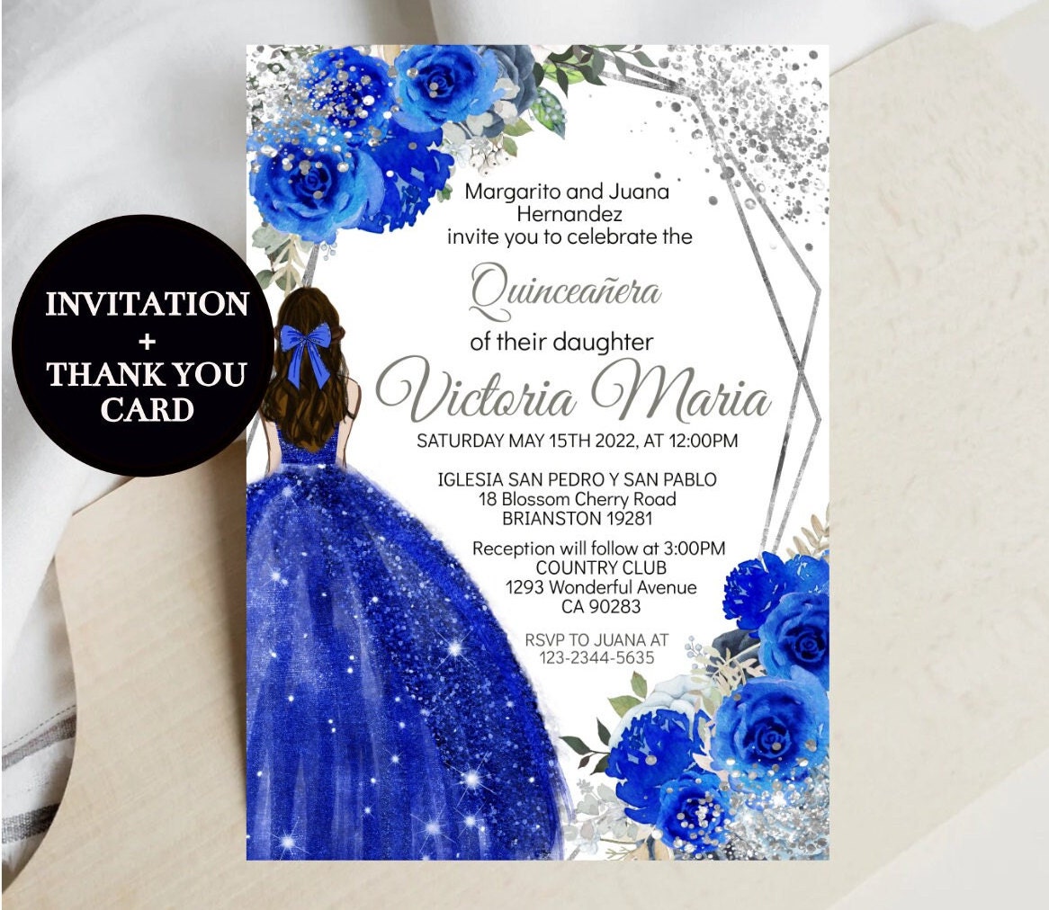 Editable Quinceañera Invitation Royal Blue Silver DIY Etsy Canada
