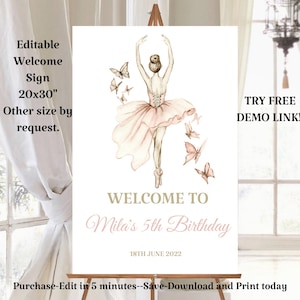 Ballerinafeest welkomstbord, gastposter middelpunt verjaardagsuitnodiging, meisje balletdans Tutu zwaan bewerkbare sjabloon direct downloaden