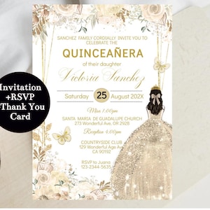 Uitnodiging Quinceañera champagne crème gouden bloemen, bewerkbare sjabloon, 15 prinses verjaardag, digitaal, vlinder, Sweet Sixteen 16, download