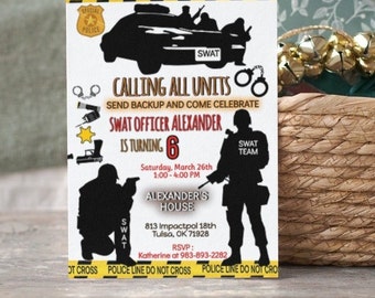 Convite de aniversário da polícia SWAT para menino, modelo editável para festa, oficial das forças especiais da polícia, carro de resgate de policial, convites digitais para crianças